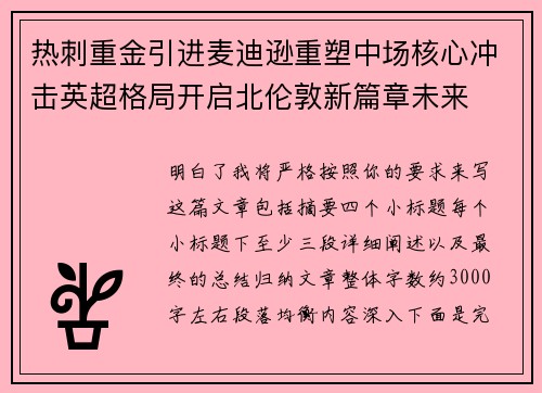 热刺重金引进麦迪逊重塑中场核心冲击英超格局开启北伦敦新篇章未来